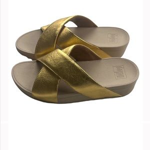 Size 9 Fitflop LuLu Cross Slide metallic gold leather sandals